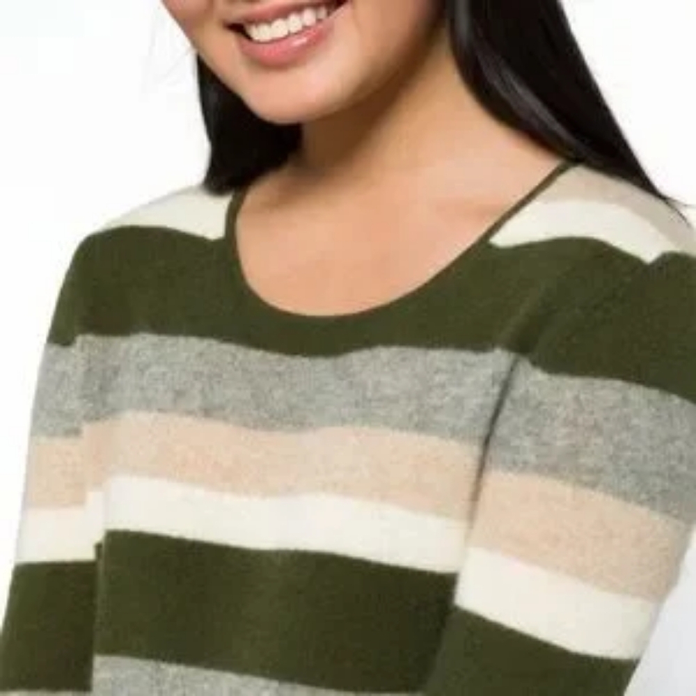 Nwt 41 Hawthorn Women Green Grey Tan Striped SOFT No Itch 100% Cashmere Sweater - Picture 3 of 8